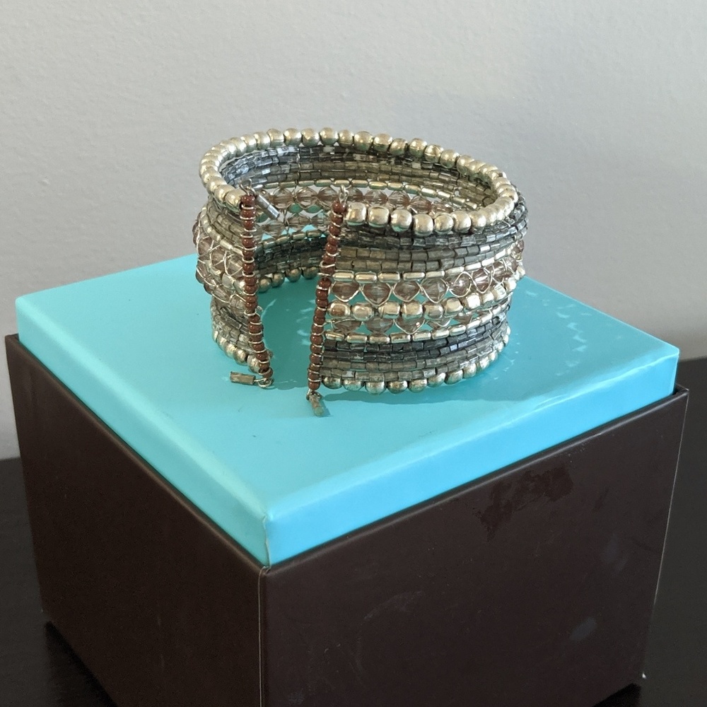 Beaded Multi Layer Silver/Grey Metallic Wrap Cuff Bracelet
